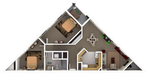 floorplan of a 2 bedroom 1 bath unit with a fireplace. This is a corner unit.
